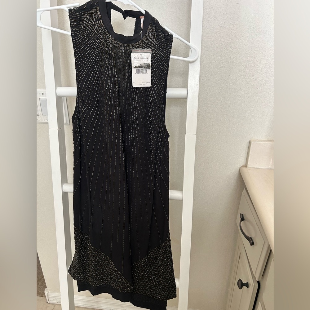 NWT XS Free People Black with Gold Beads Textured Dress, holiday, new years